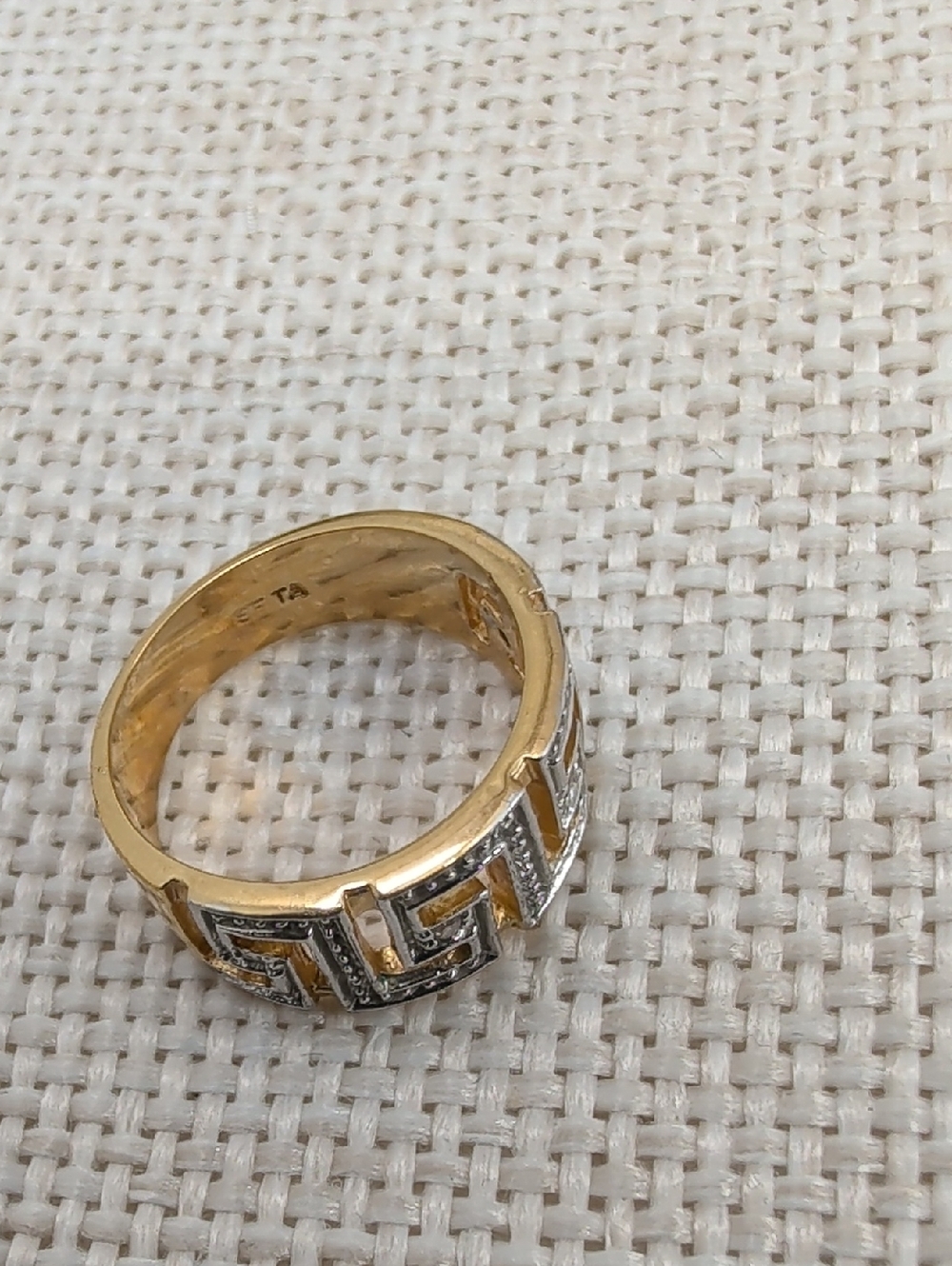 Signed SETA Vintage Greek Key Two-Tone Gold Silver CZ Band Ring Size 5 - Picture 9 of 16